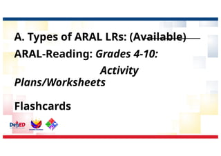 A. Types of ARAL LRs: (Available)
ARAL-Reading: Grades 4-10:
Activity
Plans/Worksheets
Flashcards
 
