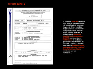 Tercera parte. 2




                         El sentir de ARALAR reflejado
                         en la nota de prensa anterior ,
                         y la posibilidad de hacer con
                         muy poco dinero pruebas
                         fisico-quimicas concluyentes
                         en algunos casos , llevó al
                         grupo Juntero ARALAR a
                         presentar una enmienda
                         parcial a los Presupuestos
                         del 2010, aumentando en
                         15.000 euros la partida de
                         gastos del Departamento de
                         Euskera, Cultura y Deportes
                         para realizar nuevas pruebas
                         periciales sobre los “grafitos”
                         de Iruña Veleia en litigio;
                         enmienda que fue
                         rechazada…




                   3.2                                     19
 