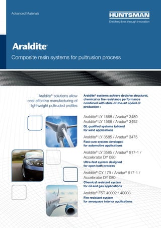 Araldite®
solutions allow
cost effective manufacturing of
lightweight pultruded proﬁles
Araldite®
pultrusion resin systems achieve
decisive structural, chemical or ﬁre resistance
performance combined with state-of-the-art
speed of production.
Epoxy-anhydride resin systems
Araldite®
LY 3585 / Aradur®
917-1 / Acc DY 080
Fast line speed and medium Tg
Araldite®
CY 179 / Aradur®
917-1 / Acc DY 080
Chemical resistance and high Tg
Epoxy-amine resin systems
Araldite®
LY 3585 / Aradur®
3489
Long open time
Araldite®
LY 3585 / Aradur®
3475
High reactivity and medium Tg
Novel hybrid chemistry resin system
Araldite®
FST 40002 / 40003
Fire resistance and very high Tg
Advanced Materials
Composite resin systems for pultrusion process
 