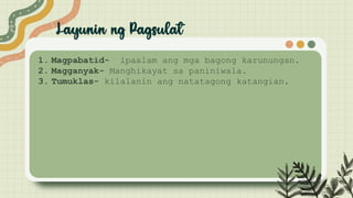 1. Magpabatid- ipaalam ang mga bagong karunungan.
2. Magganyak- Manghikayat sa paniniwala.
3. Tumuklas- kilalanin ang natatagong katangian.
 