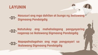 LAYUNIN
-01-
Nasusuri ang mga dahilan at bunga ng Ikalawang
Digmaang Pandaigdig
-02-Natutukoy ang mahahalagang pangyayaring
naganap sa Ikalawang Digmaang Pandaigdig
-03-
Napapahalagahan ang mga pangyayari sa
Ikalawang Digmaang Pandaigdig
 