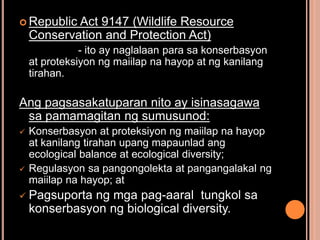  Republic Act 9147 (Wildlife Resource
Conservation and Protection Act)
- ito ay naglalaan para sa konserbasyon
at proteksiyon ng maiilap na hayop at ng kanilang
tirahan.
Ang pagsasakatuparan nito ay isinasagawa
sa pamamagitan ng sumusunod:
 Konserbasyon at proteksiyon ng maiilap na hayop
at kanilang tirahan upang mapaunlad ang
ecological balance at ecological diversity;
 Regulasyon sa pangongolekta at pangangalakal ng
maiilap na hayop; at
 Pagsuporta ng mga pag-aaral tungkol sa
konserbasyon ng biological diversity.
 
