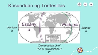 Kasunduan ng Tordesillas
“Demarcation Line”
POPE ALEXANDER
VI
Portugal
Espany
a
Silanga
n
Kanlura
n
 