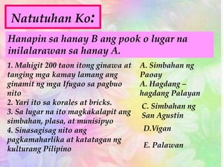 Natutuhan Ko:
Hanapin sa hanay B ang pook o lugar na
inilalarawan sa hanay A.
1. Mahigit 200 taon itong ginawa at
tanging mga kamay lamang ang
ginamit ng mga Ifugao sa pagbuo
nito
2. Yari ito sa korales at bricks.
3. Sa lugar na ito magkakalapit ang
simbahan, plasa, at munisipyo
4. Sinasagisag nito ang
pagkamaharlika at katatagan ng
kulturang Pilipino
A. Simbahan ng
Paoay
C. Simbahan ng
San Agustin
D.Vigan
E. Palawan
A. Hagdang –
hagdang Palayan
 