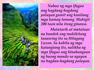 Nabuo ng mga Ifugao
ang hagdang-hagdang
palayan gamit ang kanilang
mga kamay lamang. Mahigit
200 taon nila itong ginawa.
Matatarik at matataas
na bundok ang makikitang
tanawing ito sa Hilagang
Luzon. Sa kabila ng mga
katangiang ito, nalikha ng
mga Ifugao ang hinahangaan
ng buong mundo sa ngayon
na hagdan-hagdang palayan.
 