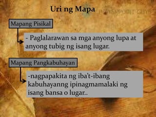 Uri ng Mapa
Mapang Pisikal
- Paglalarawan sa mga anyong lupa at
anyong tubig ng isang lugar.
Mapang Pangkabuhayan
-nagpapakita ng iba’t-ibang
kabuhayanng ipinagmamalaki ng
isang bansa o lugar..
 