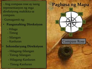 Pagbasa ng Mapa
Compass Rose
H
K S
T
HK
TK
HS
TS
- Ang compass rose ay isang
representasyon ng mga
direksiyong makikita sa
compass.
- Gumagamit ng:
• Sekondaryang Direksiyon
• Pangunahing Direksiyon
- Hilaga
- Timog
- Silangan
- Kanluran
- Hilagang-Silangan
- Timog-Silangan
- Hilagang-Kanluran
- Timog-Kanluran
 