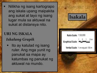 Isakala
 Nilikha ng isang kartograpo
ang iskala upang maipakita
ang sukat at layo ng isang
lugar mula sa aktuwal na
sukat at distansya nito.
URI NG ISKALA
Iskalang Grapik
 Ito ay katulad ng isang
ruler. Ang mga yunit ng
panukat sa mapa ay
katumbas ng panukat ng
aktuwal na mundo.
 
