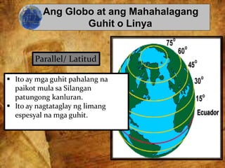 Ang Globo at ang Mahahalagang
Guhit o Linya
Parallel/ Latitud
 Ito ay mga guhit pahalang na
paikot mula sa Silangan
patungong kanluran.
 Ito ay nagtataglay ng limang
espesyal na mga guhit.
 
