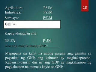 Agrikulutra: P81M
Industriya: P85M
Serbisyo: P53M
GDP = _______
Kapag idinagdag ang
NFIFA P-5M
Ano ang makukuhang GNP?______
Mapupuna na kahit na anong paraan ang gamitin sa
pagsukat ng GNP, ang kabuuan ay magkakapareho.
Kapansin-pansin din na ang GDP ay nagkakaroon ng
pagkakataon na tumaas kaysa sa GNP.
18
 