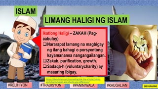 Ikatlong Haligi – ZAKAH (Pag-
aabuloy)
❑Nararapat lamang na magbigay
ng ilang bahagi o porsyentong
kayamanansa nangangaila...
