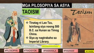 #PANINIWALA#RELIHIYON #KAUGALIAN#TRADISYON 2ND GRADING
❖ Tinatag ni Lao Tzu,
Isinilang siya noong 500
B.C. sa Hunan sa Tim...
