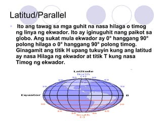 Latitud/Parallel Ito ang tawag sa mga guhit na nasa hilaga o timog ng linya ng ekwador. Ito ay iginuguhit nang paikot sa globo. Ang sukat mula ekwador ay 0 ° hanggang 90° polong hilaga o 0° hanggang 90° polong timog. Ginagamit ang titik H upang tukuyin kung ang latitud ay nasa Hilaga ng ekwador at titik T kung nasa Timog ng ekwador. 