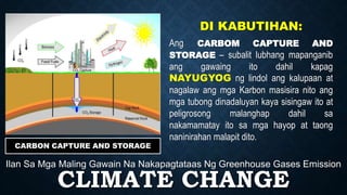 CLIMATE CHANGE
Ilan Sa Mga Maling Gawain Na Nakapagtataas Ng Greenhouse Gases Emission
CARBON CAPTURE AND STORAGE
DI KABUTIHAN:
Ang CARBOM CAPTURE AND
STORAGE – subalit lubhang mapanganib
ang gawaing ito dahil kapag
NAYUGYOG ng lindol ang kalupaan at
nagalaw ang mga Karbon masisira nito ang
mga tubong dinadaluyan kaya sisingaw ito at
peligrosong malanghap dahil sa
nakamamatay ito sa mga hayop at taong
naninirahan malapit dito.
 