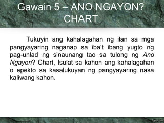 Gawain 5 – ANO NGAYON? 
CHART 
Tukuyin ang kahalagahan ng ilan sa mga 
pangyayaring naganap sa iba’t ibang yugto ng 
pag-unlad ng sinaunang tao sa tulong ng Ano 
Ngayon? Chart, Isulat sa kahon ang kahalagahan 
o epekto sa kasalukuyan ng pangyayaring nasa 
kaliwang kahon. 
 
