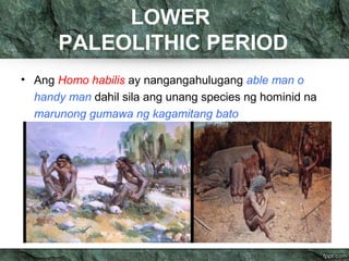 LOWER 
PALEOLITHIC PERIOD 
• Ang Homo habilis ay nangangahulugang able man o 
handy man dahil sila ang unang species ng hominid na 
marunong gumawa ng kagamitang bato 
 