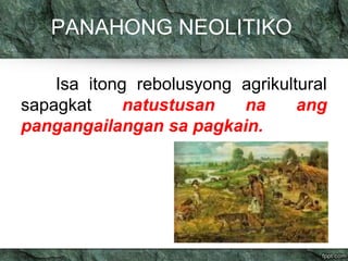 PANAHONG NEOLITIKO 
Isa itong rebolusyong agrikultural 
sapagkat natustusan na ang 
pangangailangan sa pagkain. 
 