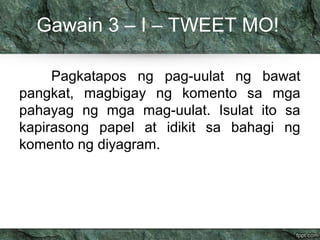 Gawain 3 – I – TWEET MO! 
Pagkatapos ng pag-uulat ng bawat 
pangkat, magbigay ng komento sa mga 
pahayag ng mga mag-uulat. Isulat ito sa 
kapirasong papel at idikit sa bahagi ng 
komento ng diyagram. 
 