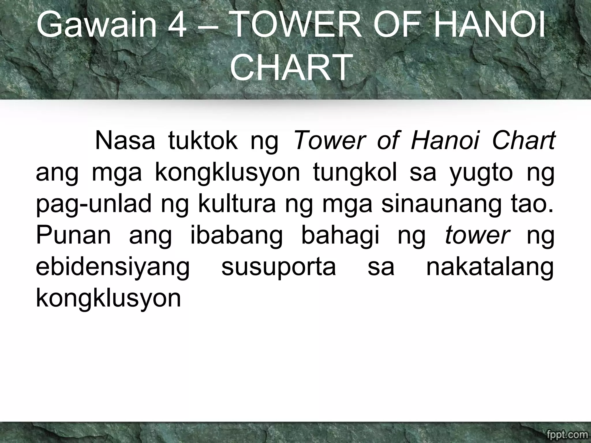 Gawain 4 – TOWER OF HANOI
CHART
Nasa tuktok ng Tower of Hanoi Chart
ang mga kongklusyon tungkol sa yugto ng
pag-unlad ng kultura ng mga sinaunang tao.
Punan ang ibabang bahagi ng tower ng
ebidensiyang susuporta sa nakatalang
kongklusyon
 
