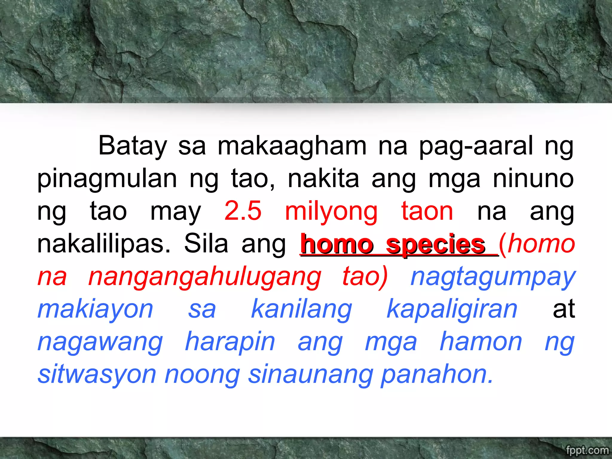 Batay sa makaagham na pag-aaral ng
pinagmulan ng tao, nakita ang mga ninuno
ng tao may 2.5 milyong taon na ang
nakalilipas. Sila ang homo specieshomo species (homo
na nangangahulugang tao) nagtagumpay
makiayon sa kanilang kapaligiran at
nagawang harapin ang mga hamon ng
sitwasyon noong sinaunang panahon.
 