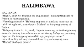 HALIMBAWA
HACIENDA
“Miguel, anak ko, tingnan mo ang paligid,” nakangiting sabi ni
Ruben sa kanyang anak.
“Napakaganda nito.” Habang ang ama at anak ay nakatayo sa
taluktok ng burol, sumulyap si Michael sa kanyang amang si
Ruben.
“Talagang tama ka. At, anak, tingnan mo nang mabuti ang buong
tanawin. Ito ang tatandaan mo sa natitirang buhay mo, sa buong
lugar na ito, hanggang sa makita ng iyong mga mata.”
Ibinalik ni Miguel ang pananabik na titig sa kanyang ama.
“Magtatrabaho ka diyan.”
 