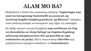 ALAM MO BA?
• Halimbawa'y hindi niya maaaring sabihing “nagtatagpo ang
asul na karagatang humahalik sa paaanan ng
luntiang hagdan-hagdang palayan ng Banaue” sapagkat
wala namang kalapít na karagatan ang lugar na nabanggit.
• Sa halip, maaari niyang banggitin ang malilinaw na ilog
na dumadaloy sa ilang bahagi ng hagdan-hagdang
palayang pinagmumulan din ng patubig sa mga
nakatanim na palay. Dito'y masasabing obhetibo ang
paglalarawan sapagkat nakabatay sa katotohanan.
 