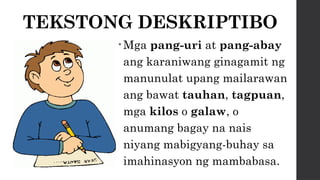 TEKSTONG DESKRIPTIBO
• Mga pang-uri at pang-abay
ang karaniwang ginagamit ng
manunulat upang mailarawan
ang bawat tauhan, tagpuan,
mga kilos o galaw, o
anumang bagay na nais
niyang mabigyang-buhay sa
imahinasyon ng mambabasa.
 