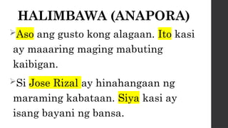 HALIMBAWA (ANAPORA)
Aso ang gusto kong alagaan. Ito kasi
ay maaaring maging mabuting
kaibigan.
Si Jose Rizal ay hinahangaan ng
maraming kabataan. Siya kasi ay
isang bayani ng bansa.
 