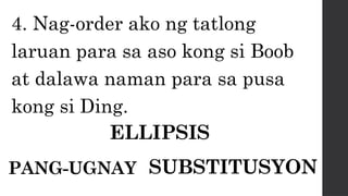 4. Nag-order ako ng tatlong
laruan para sa aso kong si Boob
at dalawa naman para sa pusa
kong si Ding.
ELLIPSIS
PANG-UGNAY SUBSTITUSYON
 