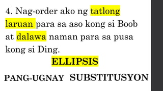 4. Nag-order ako ng tatlong
laruan para sa aso kong si Boob
at dalawa naman para sa pusa
kong si Ding.
ELLIPSIS
PANG-UGNAY SUBSTITUSYON
 