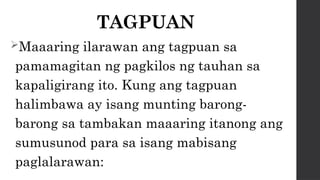 TAGPUAN
Maaaring ilarawan ang tagpuan sa
pamamagitan ng pagkilos ng tauhan sa
kapaligirang ito. Kung ang tagpuan
halimbawa ay isang munting barong-
barong sa tambakan maaaring itanong ang
sumusunod para sa isang mabisang
paglalarawan:
 