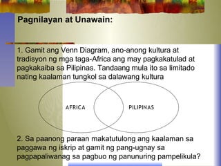 Pagnilayan at Unawain:
1. Gamit ang Venn Diagram, ano-anong kultura at
tradisyon ng mga taga-Africa ang may pagkakatulad at
pagkakaiba sa Pilipinas. Tandaang mula ito sa limitado
nating kaalaman tungkol sa dalawang kultura
AFRICA PILIPINAS
2. Sa paanong paraan makatutulong ang kaalaman sa
paggawa ng iskrip at gamit ng pang-ugnay sa
pagpapaliwanag sa pagbuo ng panunuring pampelikula?
 