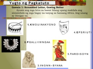 Yugto n g Pagkatuto
Gawain 1: Scrambled Letter, Gawing Better
Ayusin ang mga letra sa bawat bilang upang makilala ang
sinisimbolo ng mga bagay na tanyag sa bansang Africa. Ang unang
ay ibinigay na.
1. K M O U I N A K Y S N O
4. E P S R I U T I
2. P G A L L I I W N G AA
3. I N G N N – B YA N A
5. T A R D I S O Y N
 