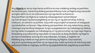 Ang Nigeria ay isa sa mga bansa sa Africa na may malaking ambag sa panitikan.
Sa kasalukuyan, maraming akdang pampanitikang mula sa Nigeria ang nasusulat
sa Ingles dahil na rin sa impluwensiya ng mga bansa sa Kanluran.
Ang panitikan ng Nigeria ay sadyang nakapagpataas ng kamalayan
ng mamamayan ng bansa pagdating sa isyu ng uri ng pamumuhay, kultura,
tradisyon, at suliranin sa politika. Gayundin ang tungkol sa kasarian at kalagayan
ng kababaihan sa lipunan. Mga akdang pampanitikan din ang nakatulong upang
maiangat ang kanilang kalagayan tungo sa pagkakaroon ng makabagong talakay
sa mga akda na aagapay sa makabagong uri ng pamumuhay ng mga taga-Nigeria.
Sinasabing ang kakaunting mga akda na nasusulat sa ilang diyalekto ng Nigeria
ay mas tumatalakay sa kung ano ang nakaraan, lumipas, o naglaho na.
Kabilang ang nobela sa mga genre na nalinang ng Nigeria. Gayunpaman,
ang tuon ng kanilang panitikan ay sa mga prosa, tulad ng drama at tula kung saan
sadyang kinilala at nagbigay sa Africa ng pagkakakilanlan pagdating sa panitikan
 