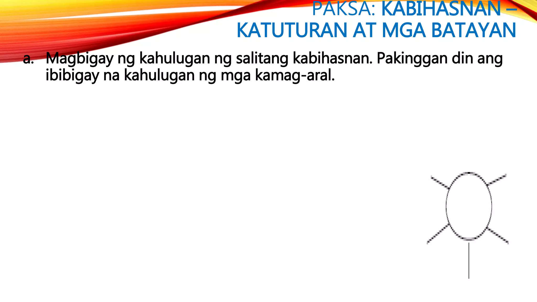 PAKSA: KABIHASNAN –
KATUTURAN AT MGA BATAYAN
a. Magbigay ng kahulugan ng salitang kabihasnan. Pakinggan din ang
ibibigay na kahulugan ng mga kamag-aral.
 