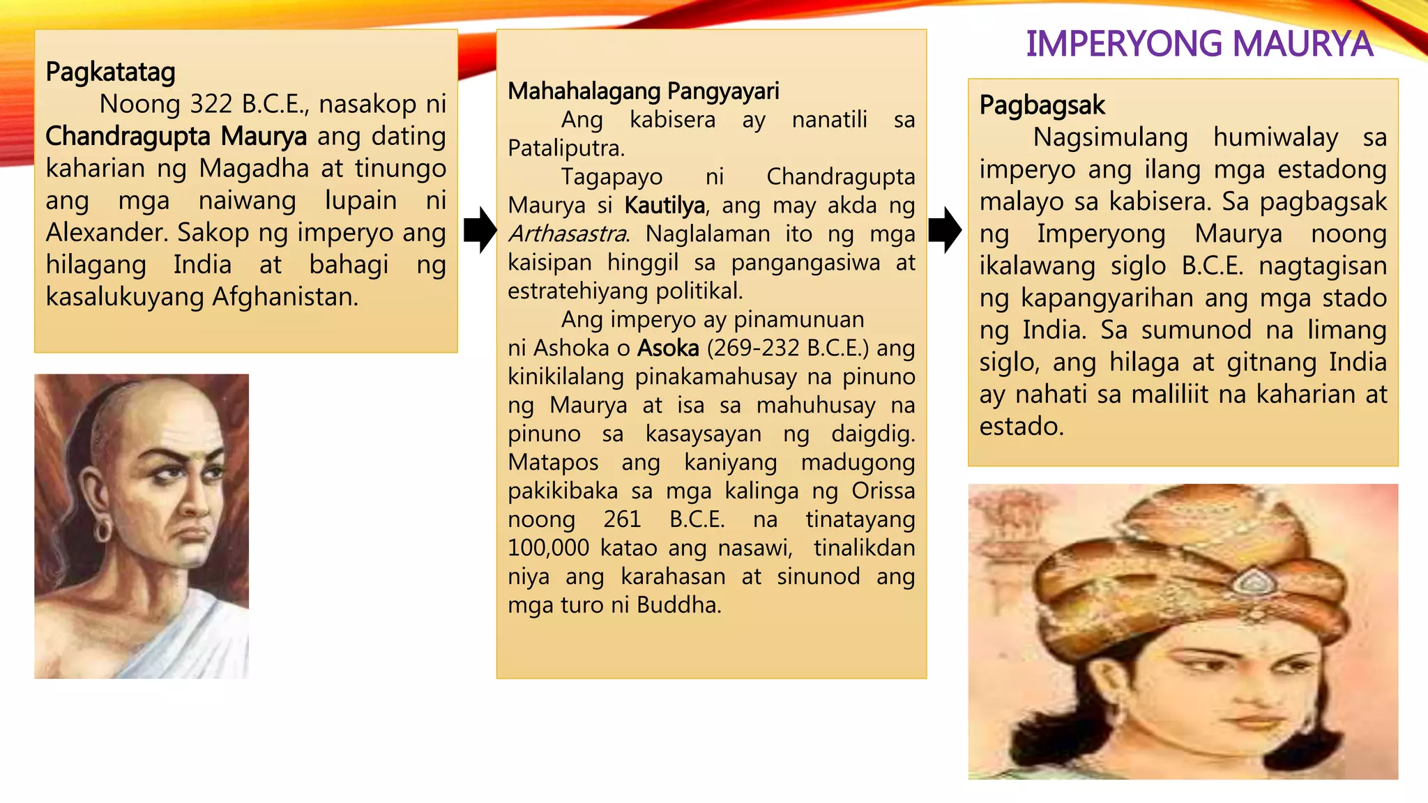 IMPERYONG MAURYA
Pagkatatag
Noong 322 B.C.E., nasakop ni
Chandragupta Maurya ang dating
kaharian ng Magadha at tinungo
ang mga naiwang lupain ni
Alexander. Sakop ng imperyo ang
hilagang India at bahagi ng
kasalukuyang Afghanistan.
Pagbagsak
Nagsimulang humiwalay sa
imperyo ang ilang mga estadong
malayo sa kabisera. Sa pagbagsak
ng Imperyong Maurya noong
ikalawang siglo B.C.E. nagtagisan
ng kapangyarihan ang mga stado
ng India. Sa sumunod na limang
siglo, ang hilaga at gitnang India
ay nahati sa maliliit na kaharian at
estado.
Mahahalagang Pangyayari
Ang kabisera ay nanatili sa
Pataliputra.
Tagapayo ni Chandragupta
Maurya si Kautilya, ang may akda ng
Arthasastra. Naglalaman ito ng mga
kaisipan hinggil sa pangangasiwa at
estratehiyang politikal.
Ang imperyo ay pinamunuan
ni Ashoka o Asoka (269-232 B.C.E.) ang
kinikilalang pinakamahusay na pinuno
ng Maurya at isa sa mahuhusay na
pinuno sa kasaysayan ng daigdig.
Matapos ang kaniyang madugong
pakikibaka sa mga kalinga ng Orissa
noong 261 B.C.E. na tinatayang
100,000 katao ang nasawi, tinalikdan
niya ang karahasan at sinunod ang
mga turo ni Buddha.
 