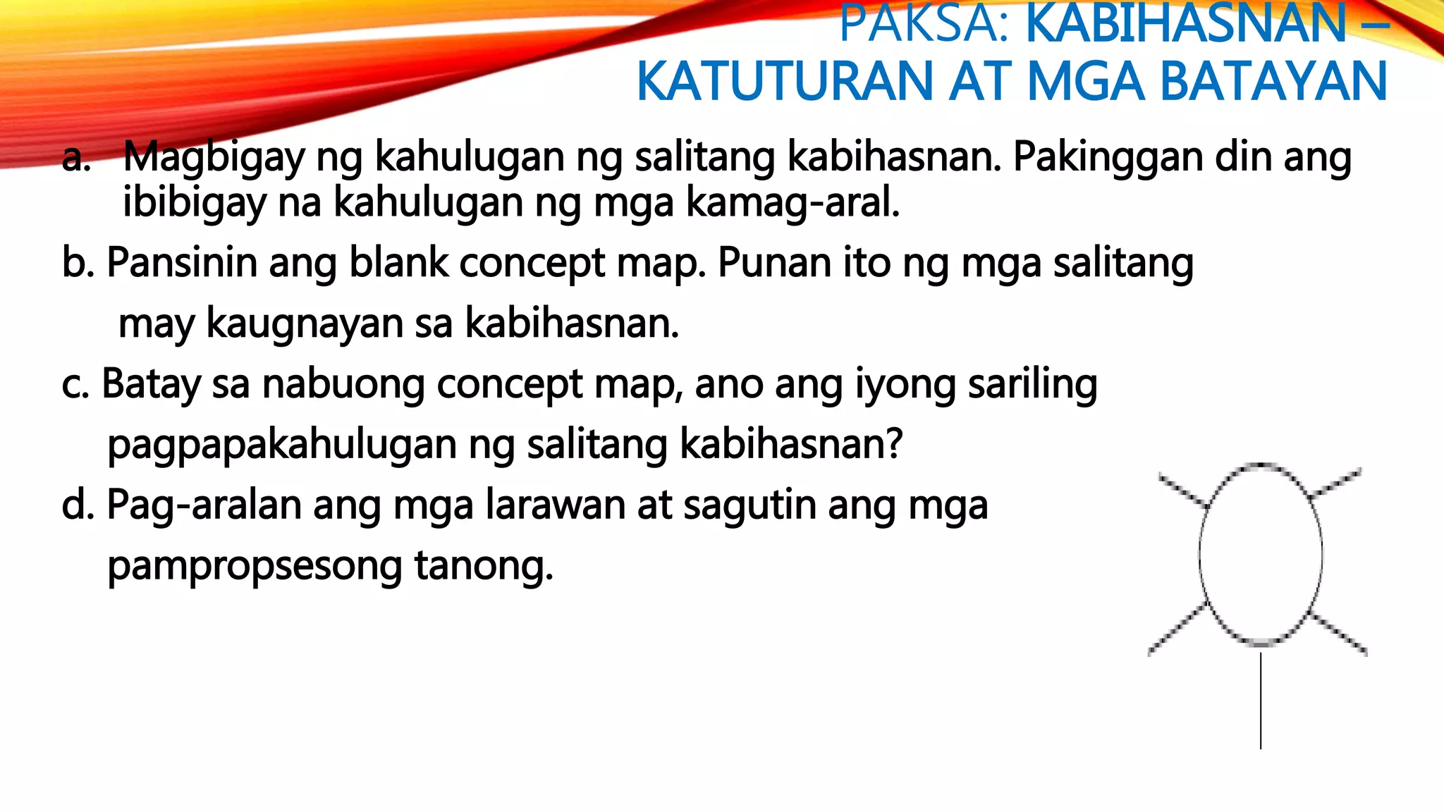 PAKSA: KABIHASNAN –
KATUTURAN AT MGA BATAYAN
a. Magbigay ng kahulugan ng salitang kabihasnan. Pakinggan din ang
ibibigay na kahulugan ng mga kamag-aral.
b. Pansinin ang blank concept map. Punan ito ng mga salitang
may kaugnayan sa kabihasnan.
c. Batay sa nabuong concept map, ano ang iyong sariling
pagpapakahulugan ng salitang kabihasnan?
d. Pag-aralan ang mga larawan at sagutin ang mga
pampropsesong tanong.
 