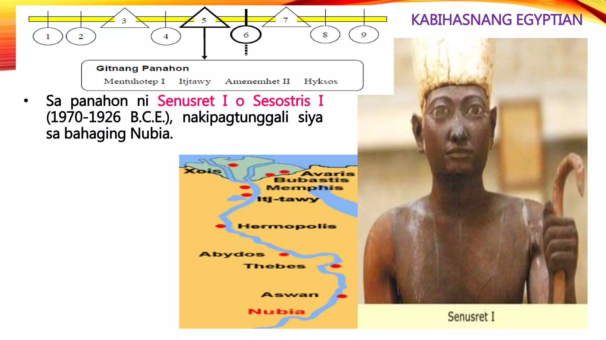 KABIHASNANG EGYPTIAN
• Sa panahon ni Senusret I o Sesostris I
(1970-1926 B.C.E.), nakipagtunggali siya
sa bahaging Nubia.
 