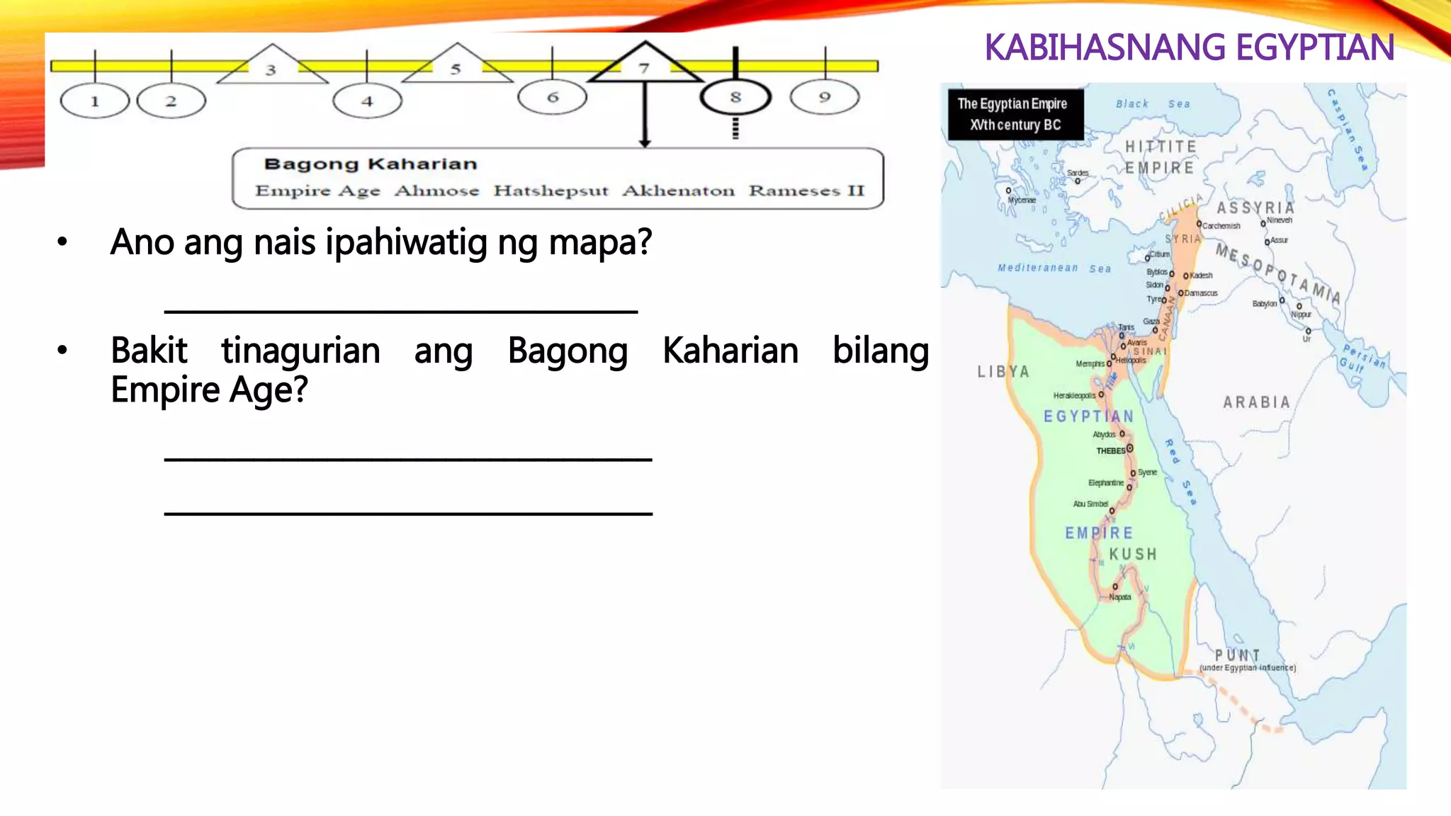 KABIHASNANG EGYPTIAN
• Ano ang nais ipahiwatig ng mapa?
________________________________
• Bakit tinagurian ang Bagong Kaharian bilang
Empire Age?
_________________________________
_________________________________
 