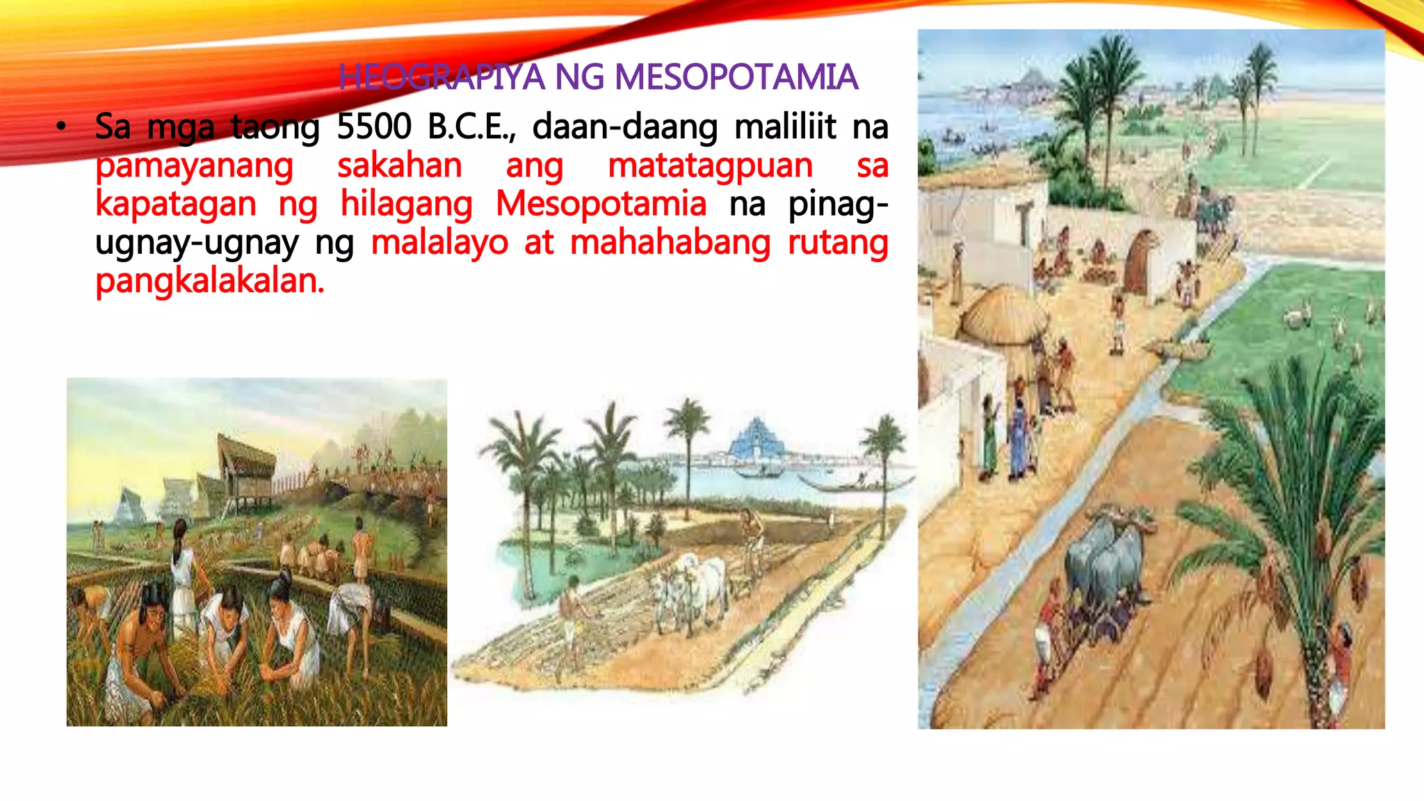 HEOGRAPIYA NG MESOPOTAMIA
• Sa mga taong 5500 B.C.E., daan-daang maliliit na
pamayanang sakahan ang matatagpuan sa
kapatagan ng hilagang Mesopotamia na pinag-
ugnay-ugnay ng malalayo at mahahabang rutang
pangkalakalan.
 