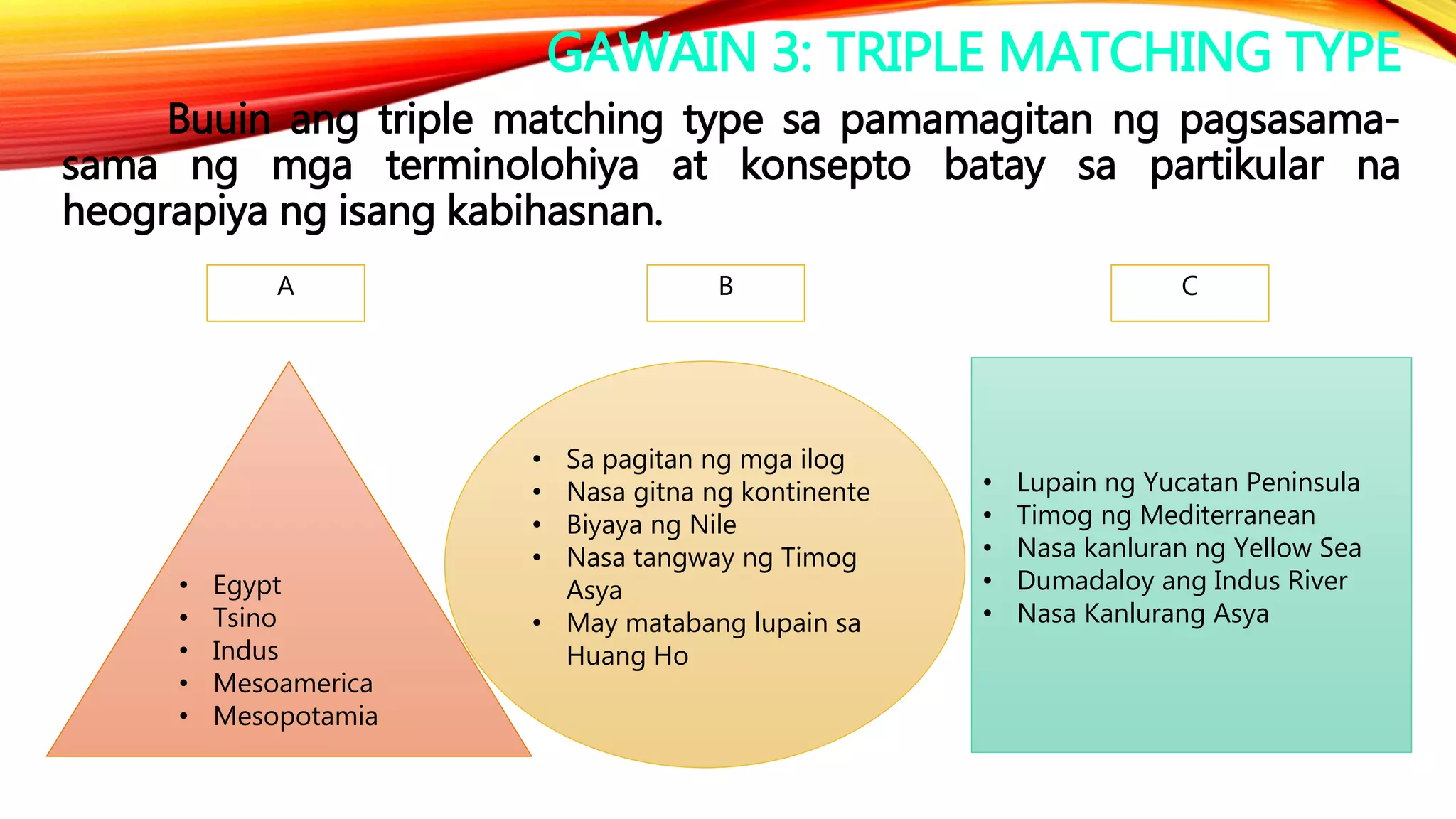 GAWAIN 3: TRIPLE MATCHING TYPE
Buuin ang triple matching type sa pamamagitan ng pagsasama-
sama ng mga terminolohiya at konsepto batay sa partikular na
heograpiya ng isang kabihasnan.
A B C
• Egypt
• Tsino
• Indus
• Mesoamerica
• Mesopotamia
• Sa pagitan ng mga ilog
• Nasa gitna ng kontinente
• Biyaya ng Nile
• Nasa tangway ng Timog
Asya
• May matabang lupain sa
Huang Ho
• Lupain ng Yucatan Peninsula
• Timog ng Mediterranean
• Nasa kanluran ng Yellow Sea
• Dumadaloy ang Indus River
• Nasa Kanlurang Asya
 