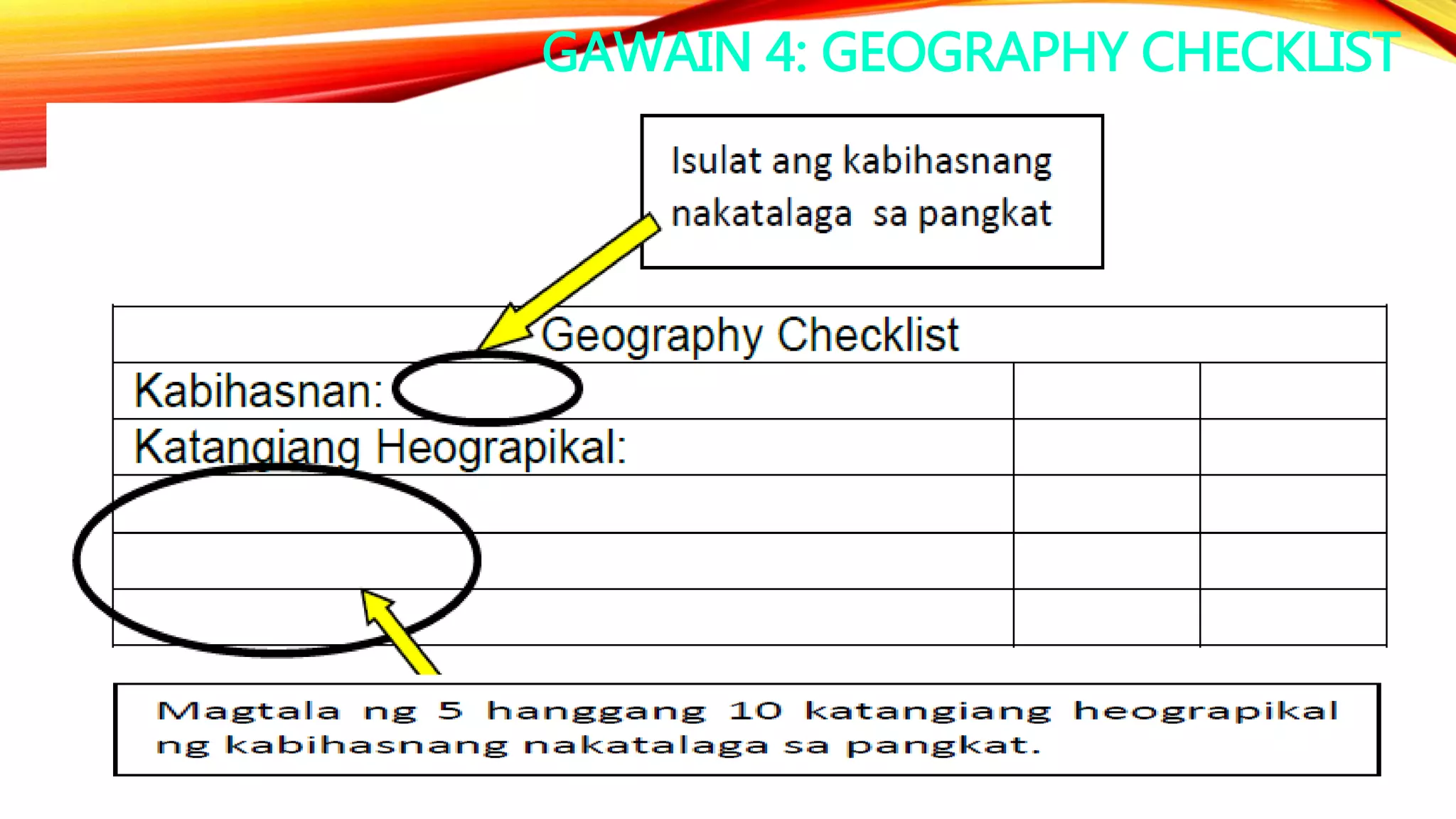 GAWAIN 4: GEOGRAPHY CHECKLIST
 