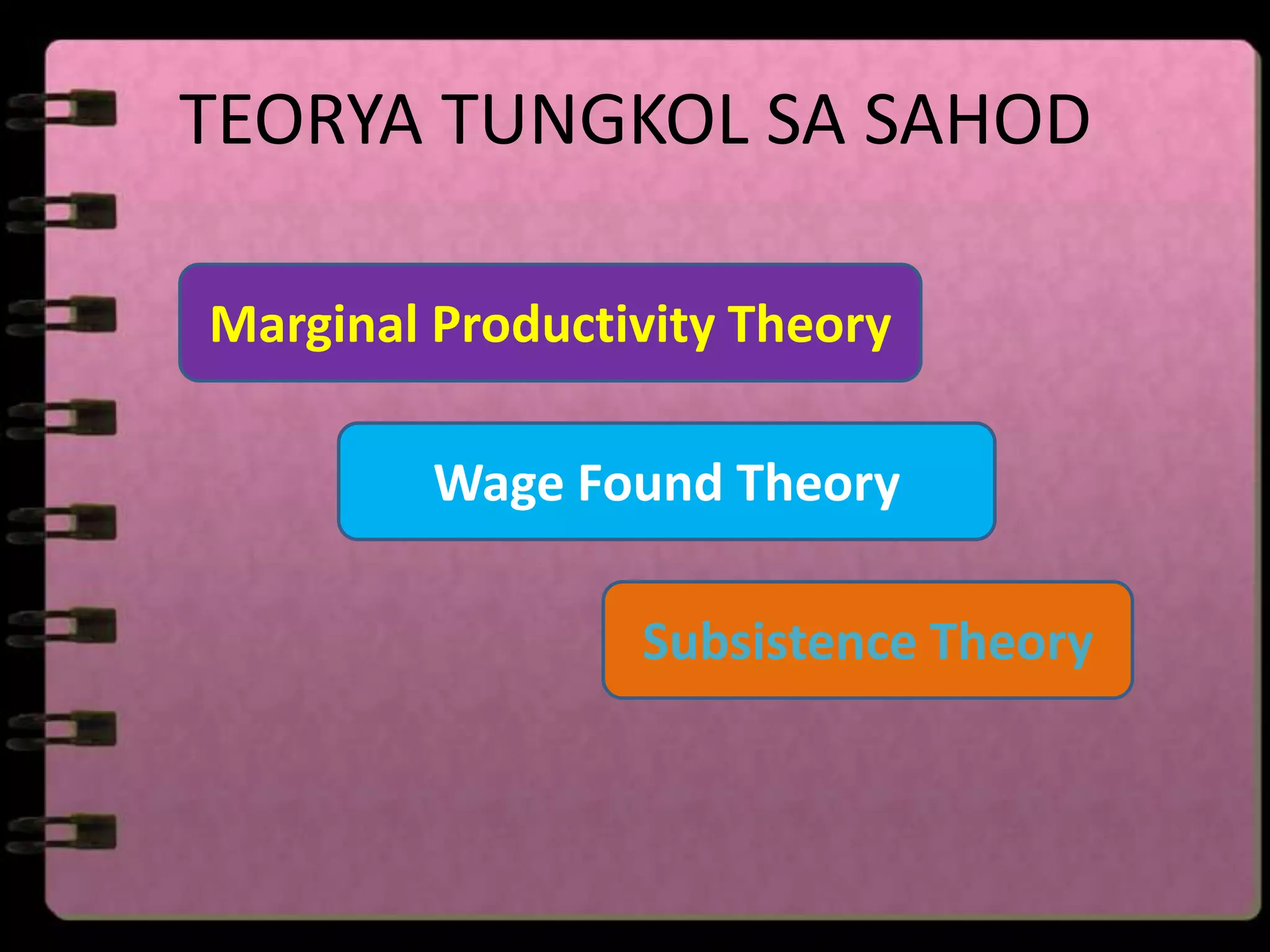 TEORYA TUNGKOL SA SAHOD

Marginal Productivity Theory

         Wage Found Theory

                 Subsistence Theory
 