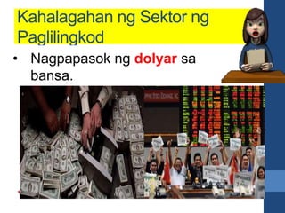 Kahalagahan ng Sektor ng
Paglilingkod
• Tinitiyak na makakarating sa mga
mamimili ang mga produkto mula
sa mga sakahan o pagawaan.
• Tinitiyak ang maayos na pag-iimbak,
nagtitinda ng kalakal at iba pa.
Nagpapataas ng GDP ng bansa.• Nagpapasok ng dolyar sa
bansa.
 