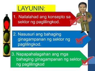LAYUNIN:
•
1. Nailalahad ang konsepto sa
sektor ng paglilingkod.
3. Napapahalagahan ang mga
bahaging ginagampanan ng sektor
ng paglilingkod
2. Nasusuri ang bahaging
ginagampanan ng sektor ng
paglilingkod.
 