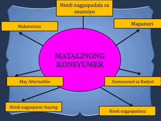Makatwiran
Hindi nagpapadala sa
anunsiyo
May Alternatibo
Hindi nagpapanic-buying
Hindi nagpapadaya
Sumusunod sa Badyet
Mapanuri
 