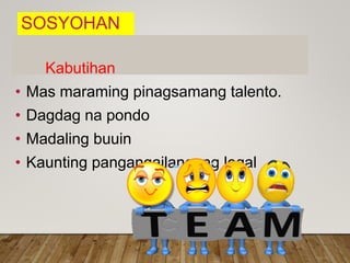 SOSYOHAN
Kabutihan
• Mas maraming pinagsamang talento.
• Dagdag na pondo
• Madaling buuin
• Kaunting pangangailangang legal
 