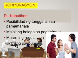 KORPORASYON
Di- Kabutihan
• Posibilidad ng tunggalian sa
pamamahala
• Malaking halaga sa pagsisimula.
• Maraming regulasyon
• Dobleng pagbubuwis
 