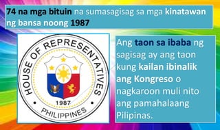 74 na mga bituin na sumasagisag sa mga kinatawan
ng bansa noong 1987
Ang taon sa ibaba ng
sagisag ay ang taon
kung kailan ibinalik
ang Kongreso o
nagkaroon muli nito
ang pamahalaang
Pilipinas.
 