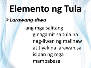 Elemento ng Tula
Larawang-diwa
-ang mga salitang
ginagamit sa tula na
nag-iiwan ng malinaw
at tiyak na larawan sa
isipan ng mga
mambabasa
 